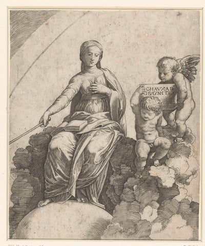 Vrouw met boek en scepter als personificatie van Filosofie zittend op wolken en voeten rustend op globe met naast haar twee putti, Marcantonio Raimondi, 1513 - 1517 Canvas Print