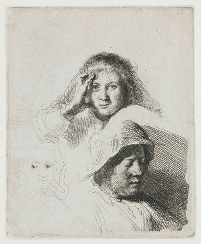 Three Heads of Women, One Lightly Etched, Rembrandt van Rijn, c. 1637 Canvas Print