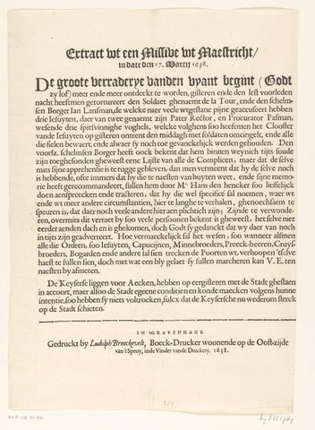 Printed message of the discovered conspiracy in Maastricht, 1638, Ludolph Breeckevelt, 1638 Canvas Print