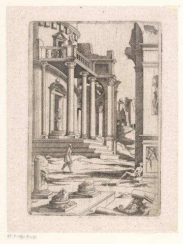 Landscape with fragments of columns and a building with stairs, Virgilius Solis, 1550 - 1562 Canvas Print