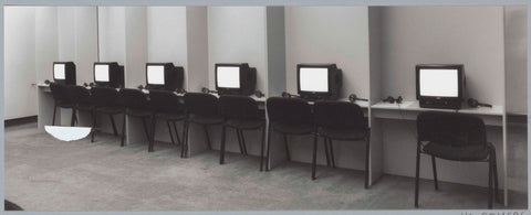 Row of seats for small cabinets with video installation and headphones, c. 1991 - c. 1992 Canvas Print