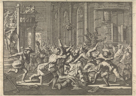 Riot in the church in Marburg where rev. Schonerus is mistreated, 1606, Jan Luyken, 1698 Canvas Print