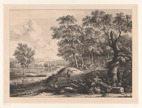 River landscape with walking hunter with three dogs, Jean Jacques de Boissieu, 1800 Canvas Print