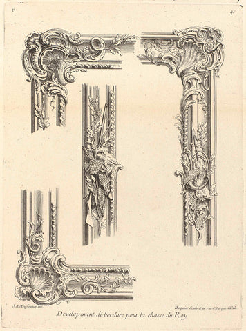 Three corners and a fragment of the ornamental frame to a hunting piece, Gabriel Huquier, Juste Aurèle Meissonnier, 1738 - 1749 Canvas Print