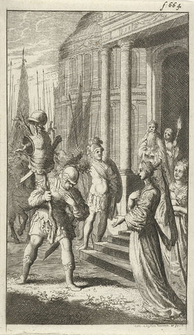 Poliarchus meets Queen Hyanisbe after his victory over Radirobanes, Jan Luyken, 1680 Canvas Print