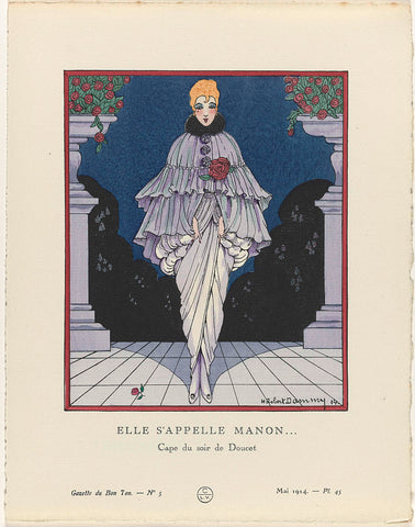 Gazette du Bon Ton, 1914 - No. 5, Pl. 45: Elle s'appelle manon (...) / Cape du soir de Doucet, H. Robert Dammy, 1914 Canvas Print