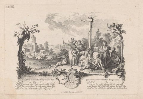 Group of men and women under a signpost, Johann Esaias Nilson, 1731 - 1788 Canvas Print