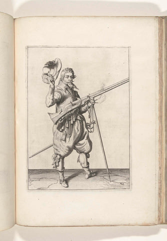 Soldier on guard holding his musket with his left hand at his right side diagonally upwards, while he takes off his hat with his right hand (no. 38), ca. 1600, Jacob de Gheyn (II) (workshop or), 1597 - 1607 Canvas Print