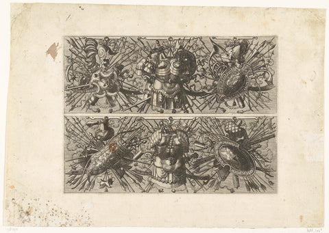 Two horizontal trophies with armor and weapons, Johannes or Lucas van Doetechum, 1572 Canvas Print