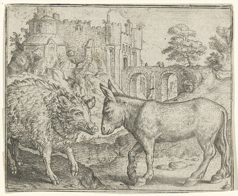 Fable of the Wild Boar and donkey, Marcus Gheeraerts (I), 1567 Canvas Print