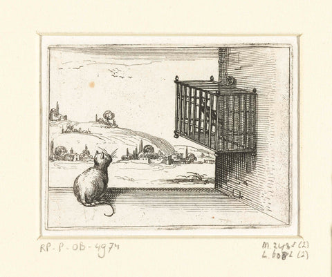 Cat and caged bird, Jacques Callot, 1621 - 1635 Canvas Print