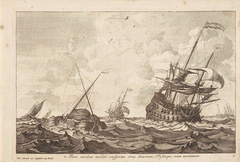 Turbulent sea with a warship under sail on the right, anonymous, 1675 - 1711 Canvas Print