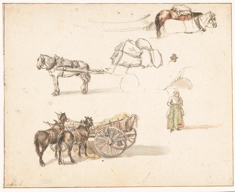 Some studies of carts and a standing peasant woman, Gilles Neyts, 1633 - 1687 Canvas Print