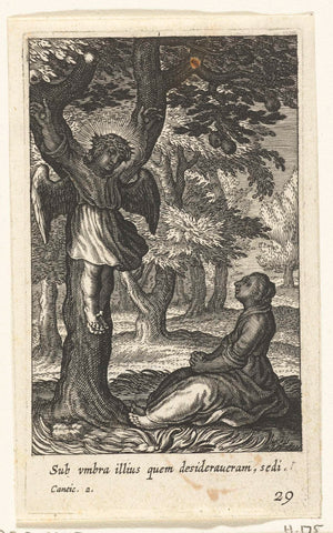 Child sits in shade with angel crucified on tree, Boetius Adamsz. Bolswert, 1624 Canvas Print