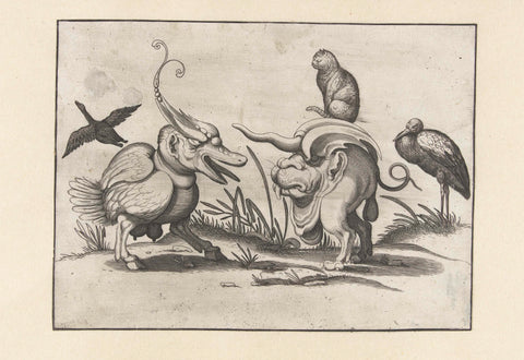 Two monsters with cat, goose and stork., anonymous, c. 1604 - c. 1616 Canvas Print