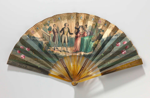 Folding fan with sheet of paper on which a copper engraving with a coloured image depicting two gentlemen and three ladies in the centre, frame of turtle or horn, anonymous, c. 1830 - c. 1840 Canvas Print