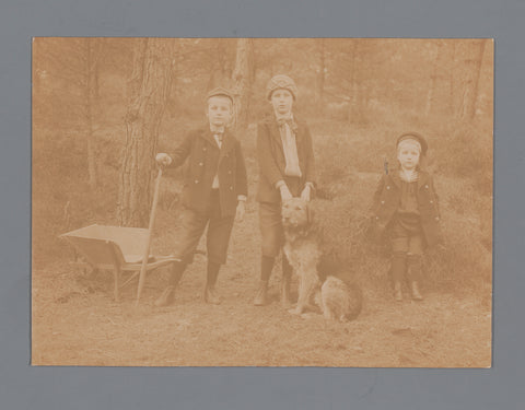 Group portrait of Lucas, Willem and Goverdus Henricus Jonker with a dog in the forest, Cornelia Hendrika Jonker (attributed to), 1907 - 1908 Canvas Print