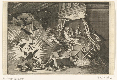 Child in cradle survives explosion, 1672, Jan Luyken, 1696 - 1700 Canvas Print