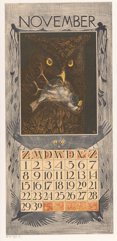 Calendar sheet November with owl and sparrow, Theo van Hoytema, 1902 Canvas Print