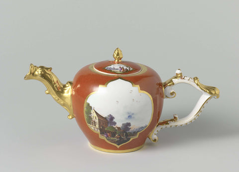 Teapot, multicolored painted with water landscapes in saved four passes in an orange-red long distance, Meissener Porzellan Manufaktur, c. 1735 Canvas Print