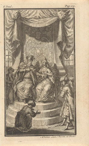 Figures kneeling before enthroning emperor and empress, Adolf van der Laan, 1730 Canvas Print