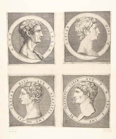 Portraits of emperors Julius Caesar and Augustus and Tiberius and Claudius, Marcantonio Raimondi, 1520 - 1562 Canvas Print