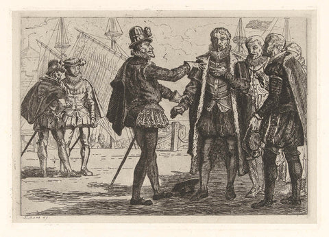 Consultation between noblemen on a quay, c. 1560, Edgar Alfred Baes, 1850 - 1899 Canvas Print