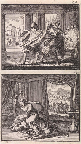 Eglon door Ehud gedood / Jaël doodt Sisera, Jan Luyken, 1698 Canvas Print