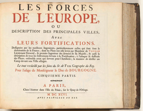 Title page the fifth volume of the print: Nicolas de Fer, Les forces de l'Europe, 1696, Nicolas de Fer, 1696 Canvas Print