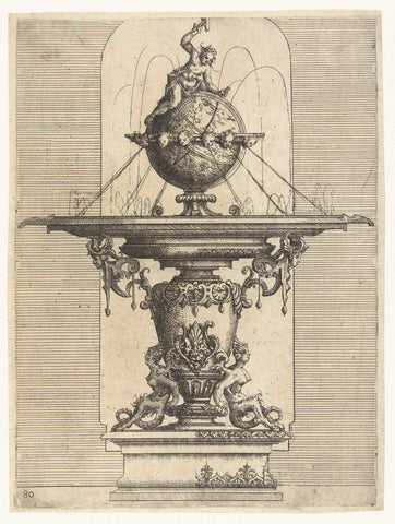 Fountain with a round basin resting on a vase, Wendel Dietterlin (I), 1560 - 1598 Canvas Print