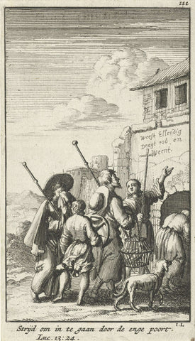 Five pilgrims in front of a gate, Jan Luyken, 1683 Canvas Print