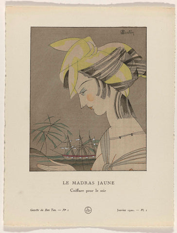 Gazette du Bon Ton, 1920 - No. 1, Pl. 1: Le madras jaune / Coiffure pour le soir, Charles Martin, 1920 Canvas Print