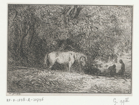 Landscape with a horse and two figures in the background, Charles Emile Jacque, 1846 Canvas Print