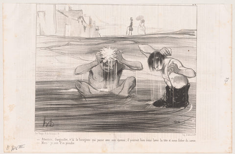 Two men bathe in a river, Honoré Daumier, 1842 Canvas Print