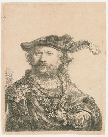 Self-portrait in a velvet cap with plume, Rembrandt van Rijn, 1638 Canvas Print