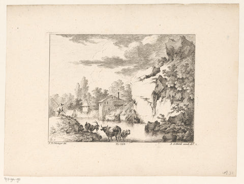 River landscape with rock face and shepherd, Johann Georg Hertel (I) (possibly), 1730 - 1775 Canvas Print