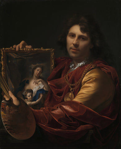 Self-portrait with the Portrait of his Wife, Margaretha van Rees, and their Daughter Maria, Adriaen van der Werff, 1699 Canvas Print