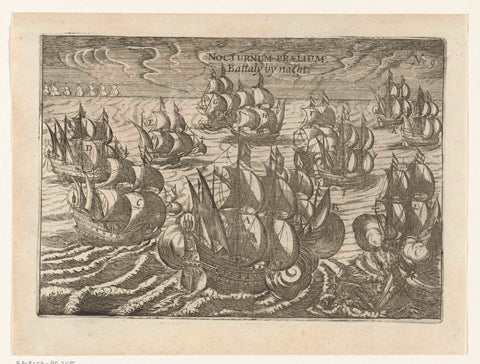 Combat with Spanish ships, at night, 1615, anonymous, 1646 Canvas Print