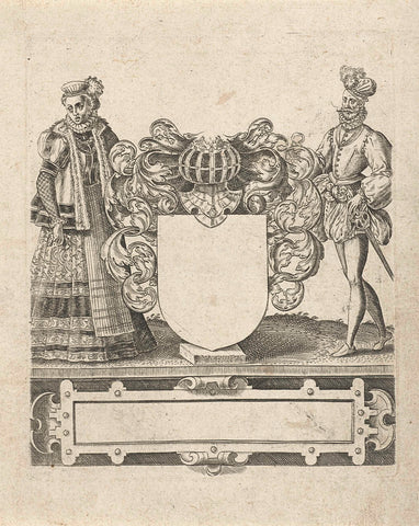 Empty coat of arms with man and woman as shield holders, Abraham de Bruyn (attributed to), 1550 - 1587 Canvas Print