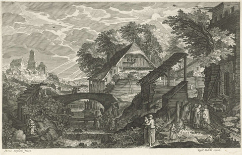 Houses next to a river, Aegidius Sadeler, 1597 - 1629 Canvas Print