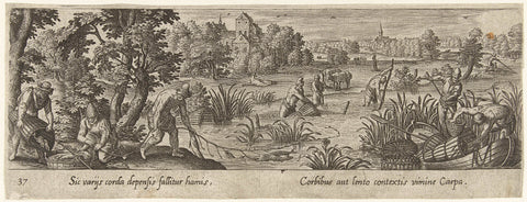 Visvangst met fuiken en vislijnen, Philips Galle (attributed to workshop of), 1582 - 1633 Canvas Print