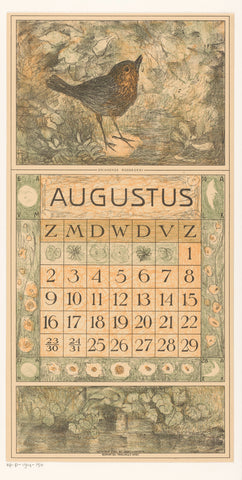 Calendar sheet August with robin, Theo van Hoytema, 1913 Canvas Print