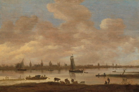 View of an Imaginary Town across a River, with the Tower of Saint Pol in Vianen, Jan van Goyen, 1649 Canvas Print