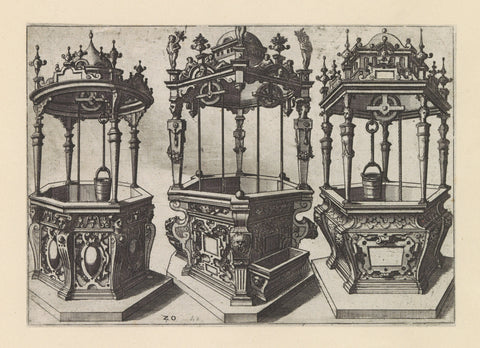 Three polygonal wells next to each other, Johannes or Lucas van Doetechum, c. 1574 Canvas Print