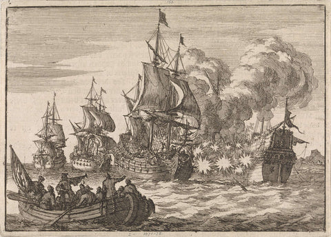 At Valencia, the Spanish Admiral Papachino is attacked by three French ships under Admiral Tourville for not saluting fast enough, 1688, Jan Luyken, 1698 Canvas Print