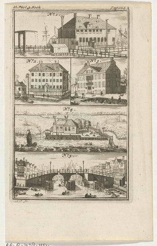 Four different buildings and a bridge in Amsterdam, Anna Folkema, 1723 Canvas Print