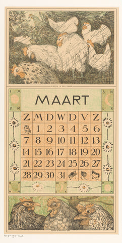 Calendar sheet march with chickens in the rain, Theo van Hoytema, 1914 Canvas Print