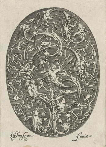 Oval with stylized tendrils in which figures are incorporated, Hans Janssen, 1615 - c. 1630 Canvas Print