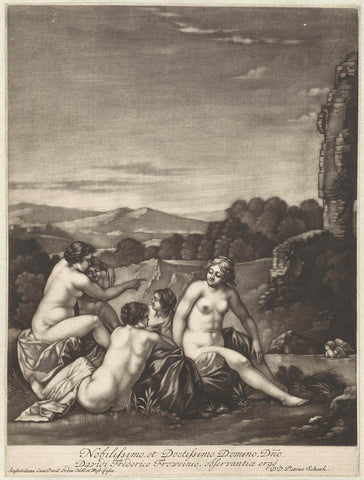 Five nymphs in a landscape, anonymous, 1680 - 1713 Canvas Print