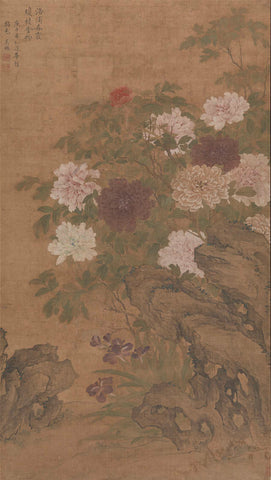 Peonies and irises on a rock., Wu Mou, 1750 Canvas Print